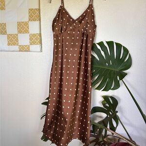 Silky Brown Dress with White Polka Dots